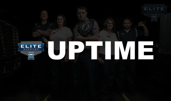 Team of technicians in a dimly lit background with the text 'Uptime' and the Elite Support logo, representing the goal of maximizing vehicle uptime through the Elite Support Network