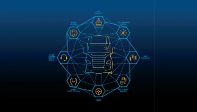 Digital interface showcasing Freightliner truck features in a hexagonal layout on a dark blue background