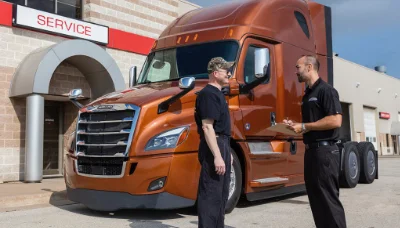 Two professionals discussing beside a parked red Freightliner truck outside a service center