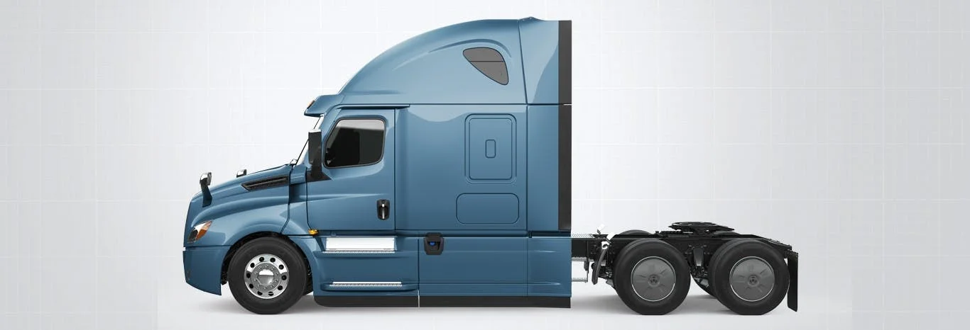Detailed view of Freightliner Cascadia's integrated Detroit powertrain components on a white background