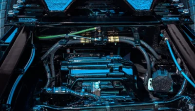 Detailed view of Freightliner eCascadia truck engine components with blue accents