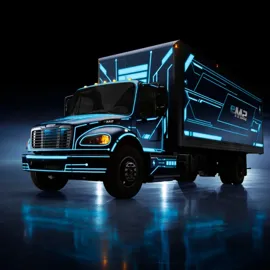 Freightliner eM2 electric truck illuminated with futuristic blue graphics, showcased on a dark stage, highlighting advanced and sustainable transportation.