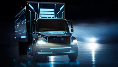 Freightliner eM2 electric truck illuminated in a dark studio with fog effect
