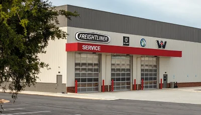 Exterior shot of the Freightliner Service Center. The pristine facility showcases the brand's dedication to service with a clear sign reading 'Freightliner Service'. Adjacent logos suggest collaboration or specialization in servicing other notable brands. The spacious entrance with multiple service bays emphasizes the center's capability to handle various vehicles simultaneously. The empty parking lot suggests an early morning or off-peak hour, illustrating the quiet efficiency of the center. Perfect for customers seeking trusted and comprehensive service solutions