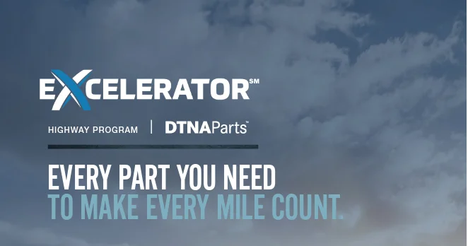 The Excelerator logo alongside the slogan 'Every part you need. To make every mile count', emphasizing our commitment to providing an extensive range of quality parts and exceptional service to keep your trucks running efficiently.