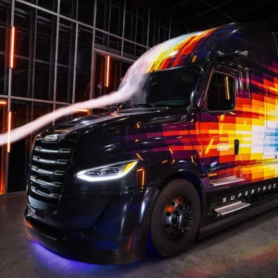 Freightliner Supertruck II with visualized airflow over its aerodynamically designed hood, bumper, windshield, and mirrors, demonstrating efficient wind resistance