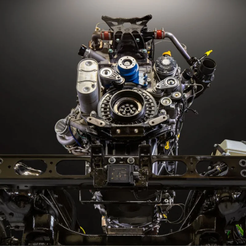 Advanced 13-liter engine with twin turbochargers and interstage cooling inside the Freightliner SuperTruck II, representing enhanced performance and fuel efficiency.