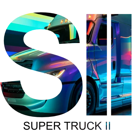 Freightliner SuperTruck II logo with vibrant colored truck imagery, showcasing the front and cabin view of the innovative vehicle.
