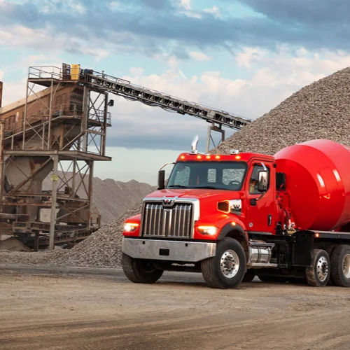 Red Western Star Truck with Cement Mixer at Construction Site