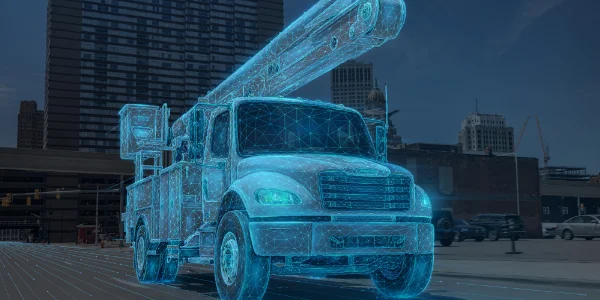 Digital hologram of Western Star 49x truck in urban setting with blue wireframe design, Ottawa Ontario dealership